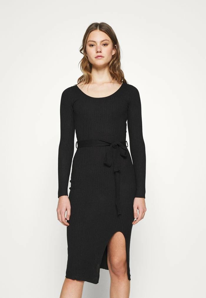 Even&Odd KNIT BELTED MIDI DRESS WITH SLIT - Shift Dress - Black 3 Even&Odd KNIT BELTED MIDI DRESS WITH SLIT - Shift Dress - Black